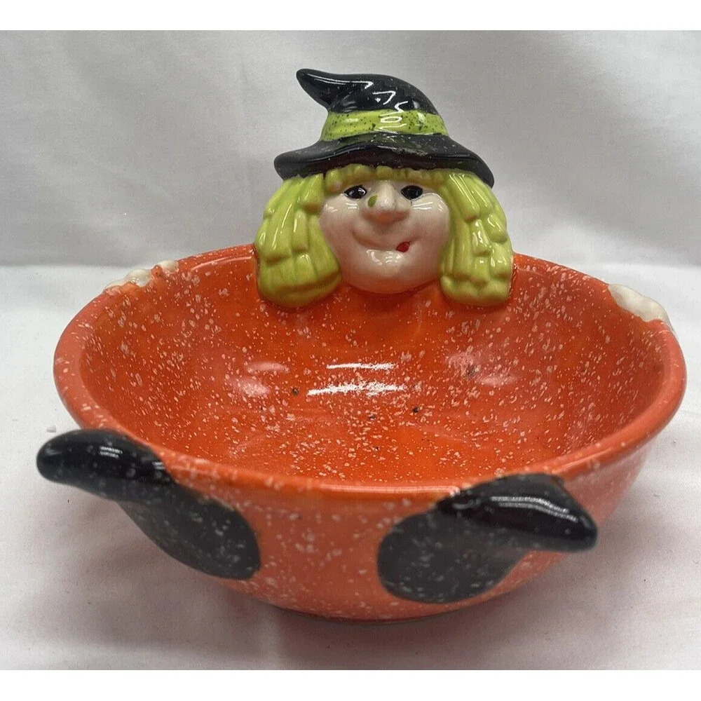Cloe K Halloween Witch Candy Dish Bowl Ceramic Orange Green Black RARE